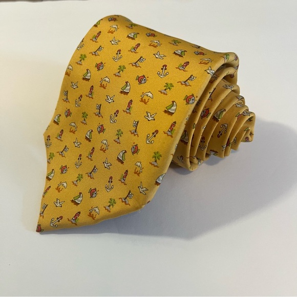Salvatore‎ Ferragamo, Beach, Nautical Patterned, Men's Yellow Neck Tie - Picture 1 of 9